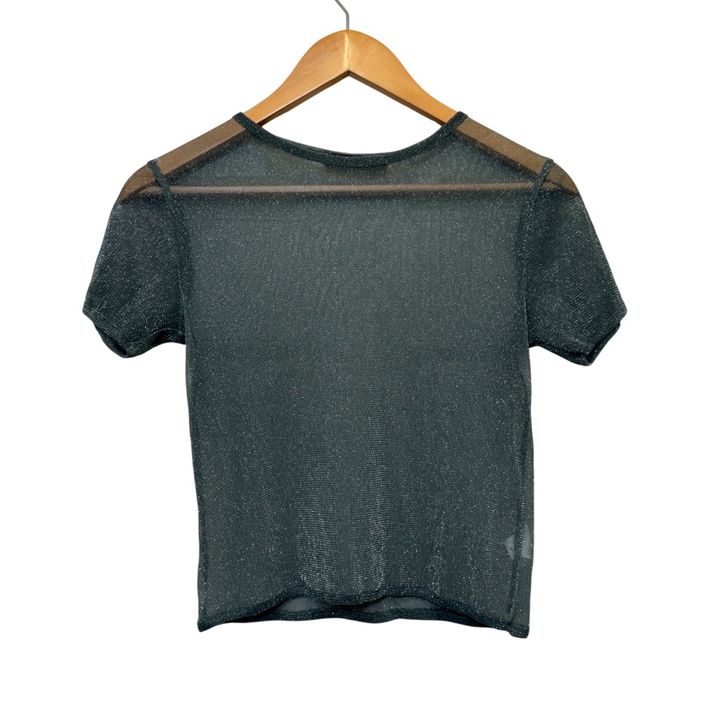 Brandy Melville Womens Mesh Top One Size Green Glitter Sheer Short Sleeve Edgy